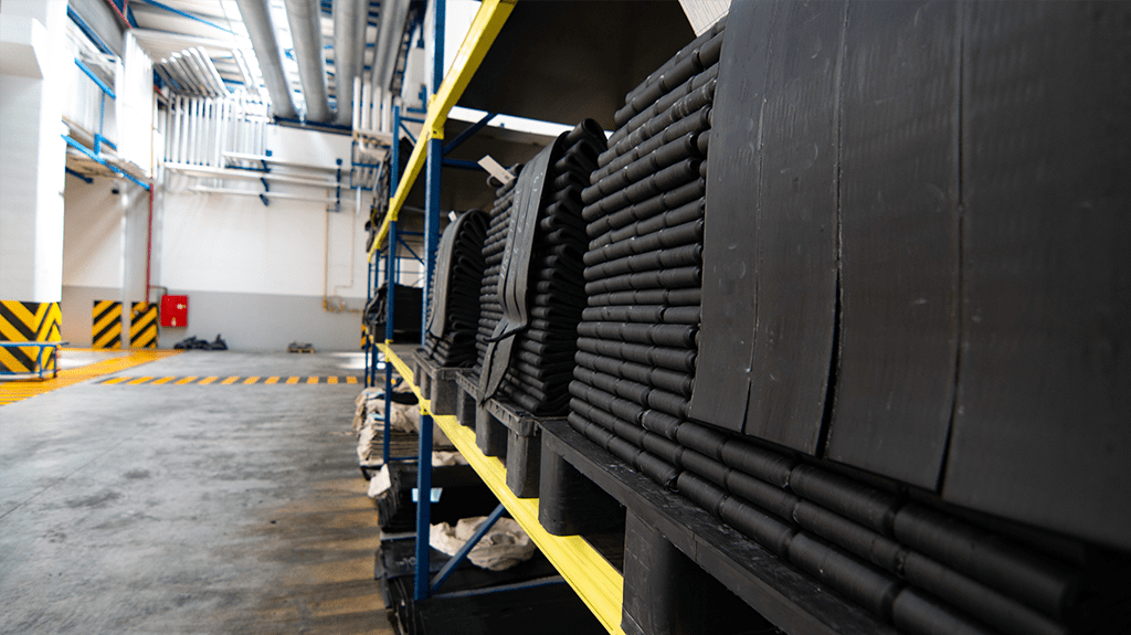 Stacked rubber at a production plant